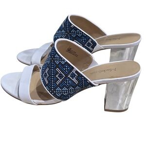 Madeline Cobi White Blue Woven Geometric Block Heel Sandal Silver Mirror Mules 9